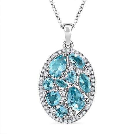 Blue Lagoon Apatite & White Zircon Pendant with Chain (Size 20) in Rhodium Overlay Sterling Silver 3.62 Ct