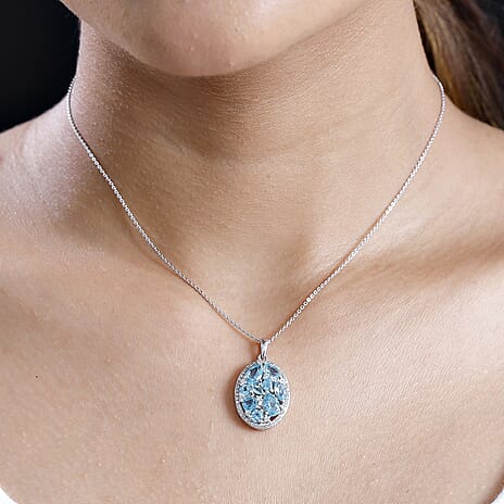 Blue Lagoon Apatite & White Zircon Pendant with Chain (Size 20) in Rhodium Overlay Sterling Silver 3.62 Ct