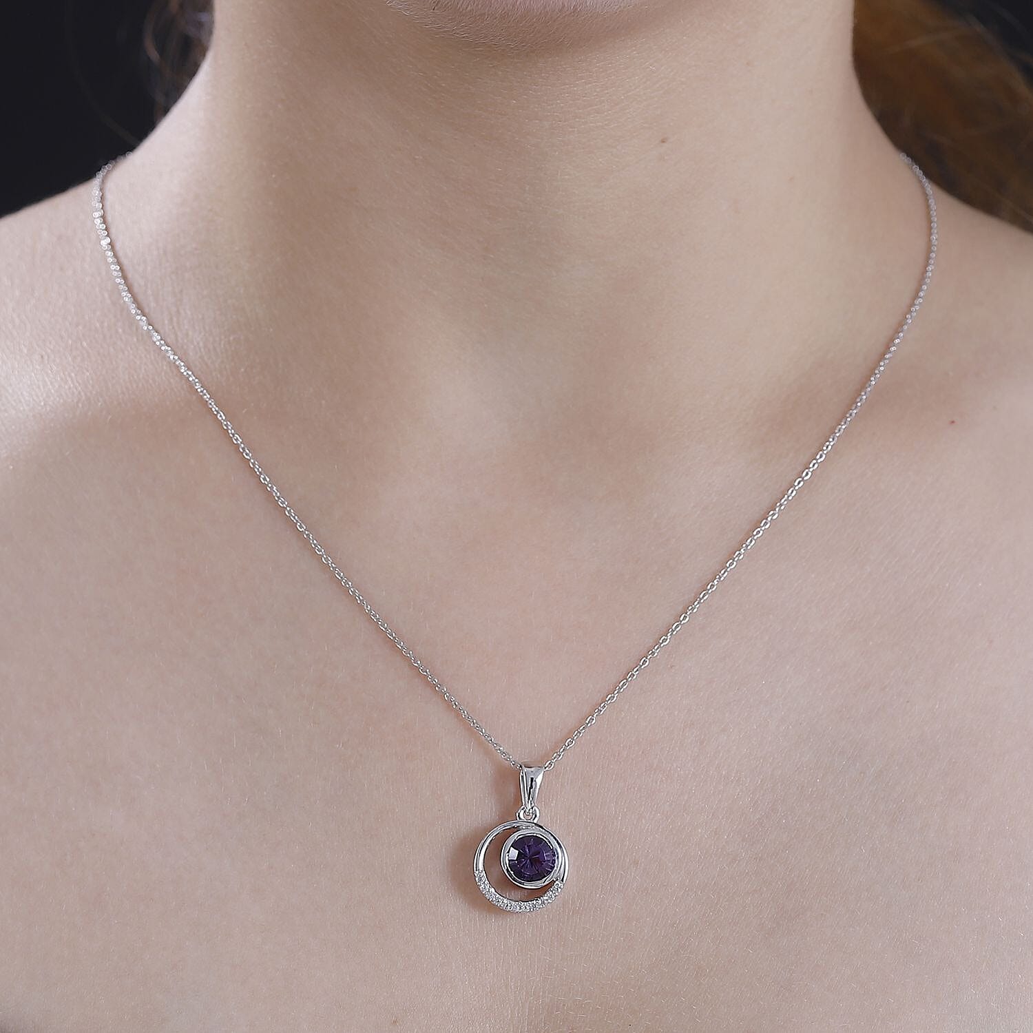AAA Concave Cut Zambian Amethyst & White Zircon Pendant with Chain (Size 20) in Rhodium Overlay Sterling Silver 1.53 Ct, Silver Wt. 5.46 Gms.