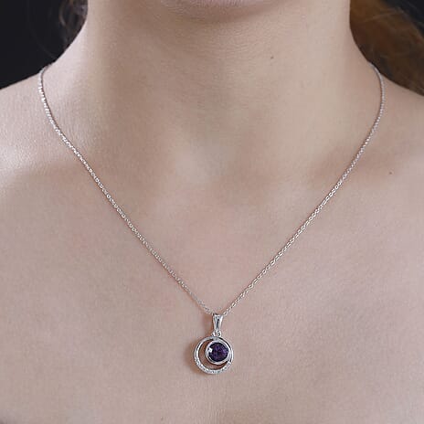 AAA Concave Cut Zambian Amethyst & White Zircon Pendant with Chain (Size 20) in Rhodium Overlay Sterling Silver. Silver Wt. 5.46 Gms. 1.530  Ct.