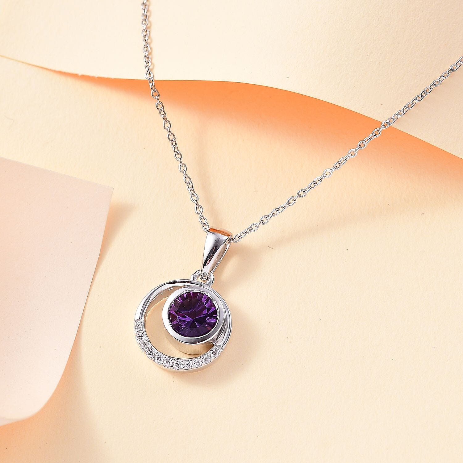 AAA Concave Cut Zambian Amethyst & White Zircon Pendant with Chain (Size 20) in Rhodium Overlay Sterling Silver 1.53 Ct, Silver Wt. 5.46 Gms.