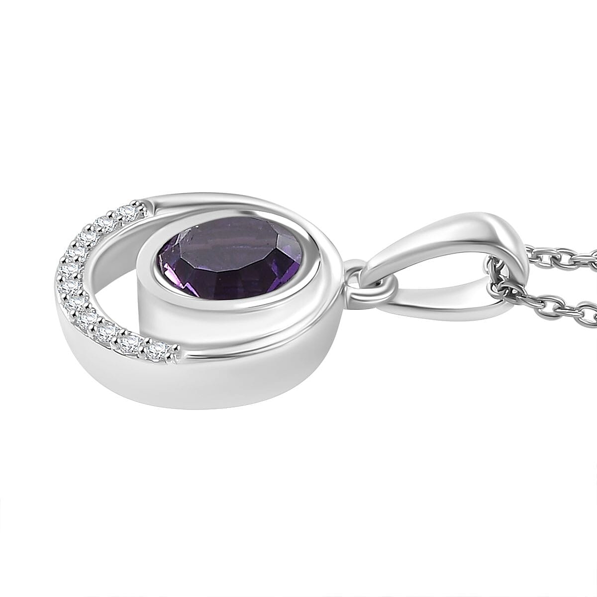AAA Concave Cut Zambian Amethyst & White Zircon Pendant with Chain (Size 20) in Rhodium Overlay Sterling Silver 1.53 Ct, Silver Wt. 5.46 Gms.