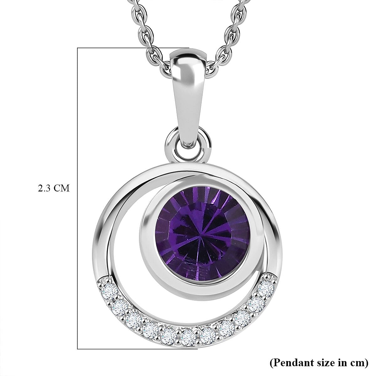 AAA Concave Cut Zambian Amethyst & White Zircon Pendant with Chain (Size 20) in Rhodium Overlay Sterling Silver 1.53 Ct, Silver Wt. 5.46 Gms.