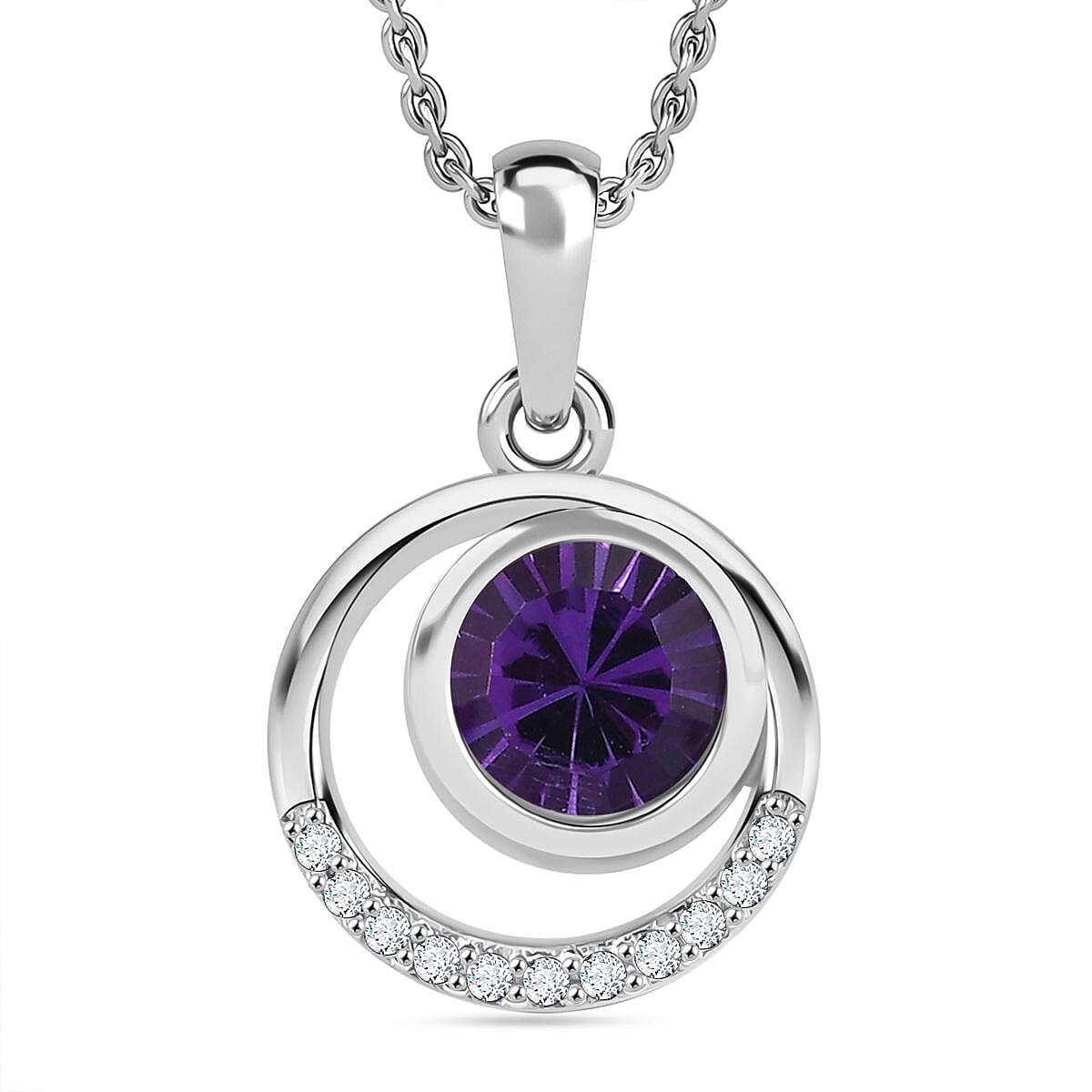 AAA Concave Cut Zambian Amethyst & White Zircon Pendant with Chain (Size 20) in Rhodium Overlay Sterling Silver 1.53 Ct, Silver Wt. 5.46 Gms.