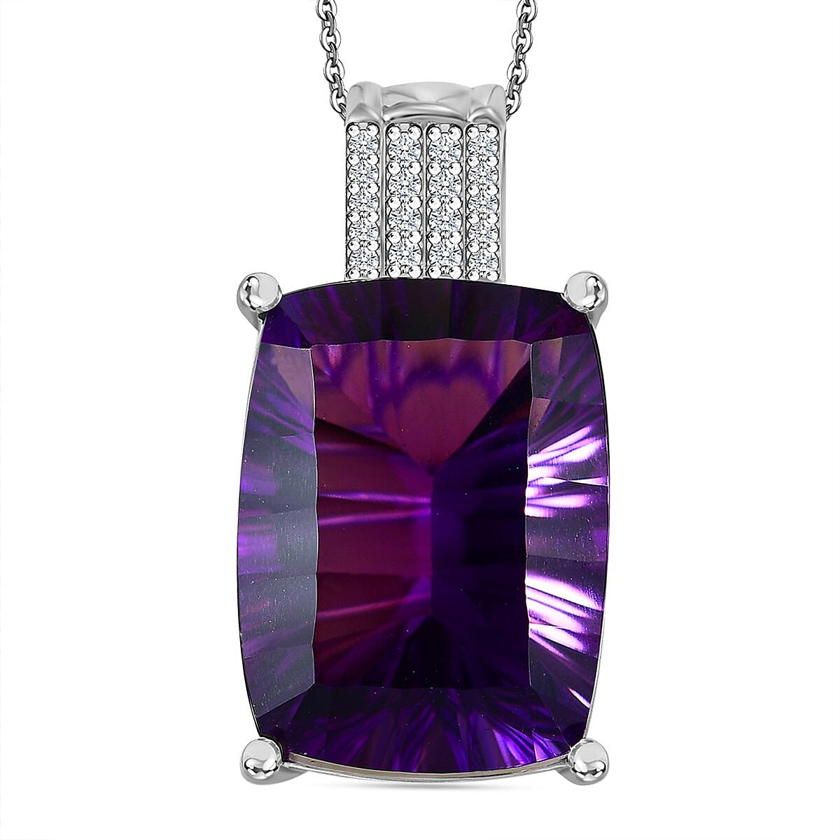 AAA Concave Cut Zambian Amethyst & White Zircon Pendant with Chain (Size - 20) in Sterling Silver 25.49 Ct.