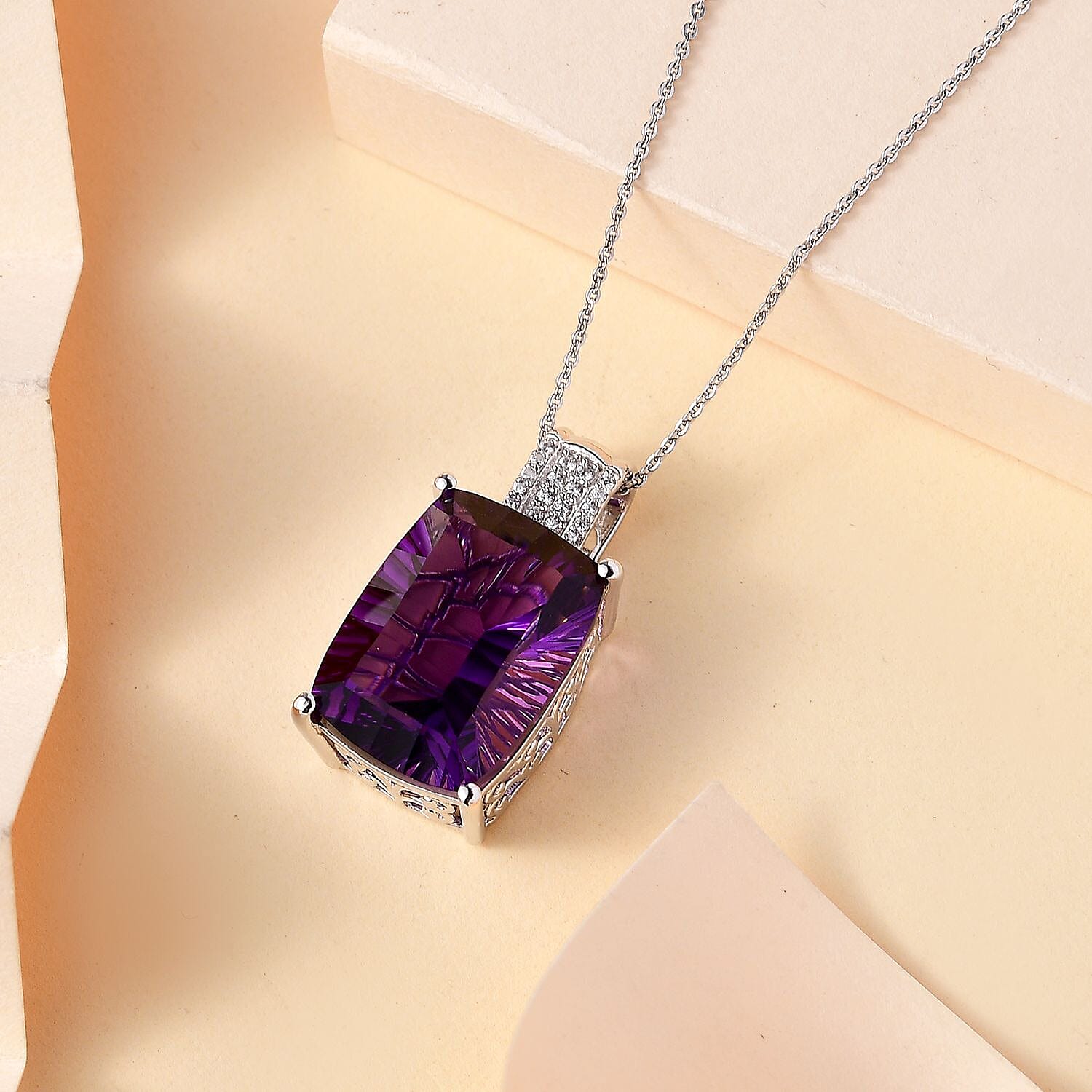 AAA Concave Cut Zambian Amethyst & White Zircon Pendant with Chain (Size - 20) in Sterling Silver 25.49 Ct.