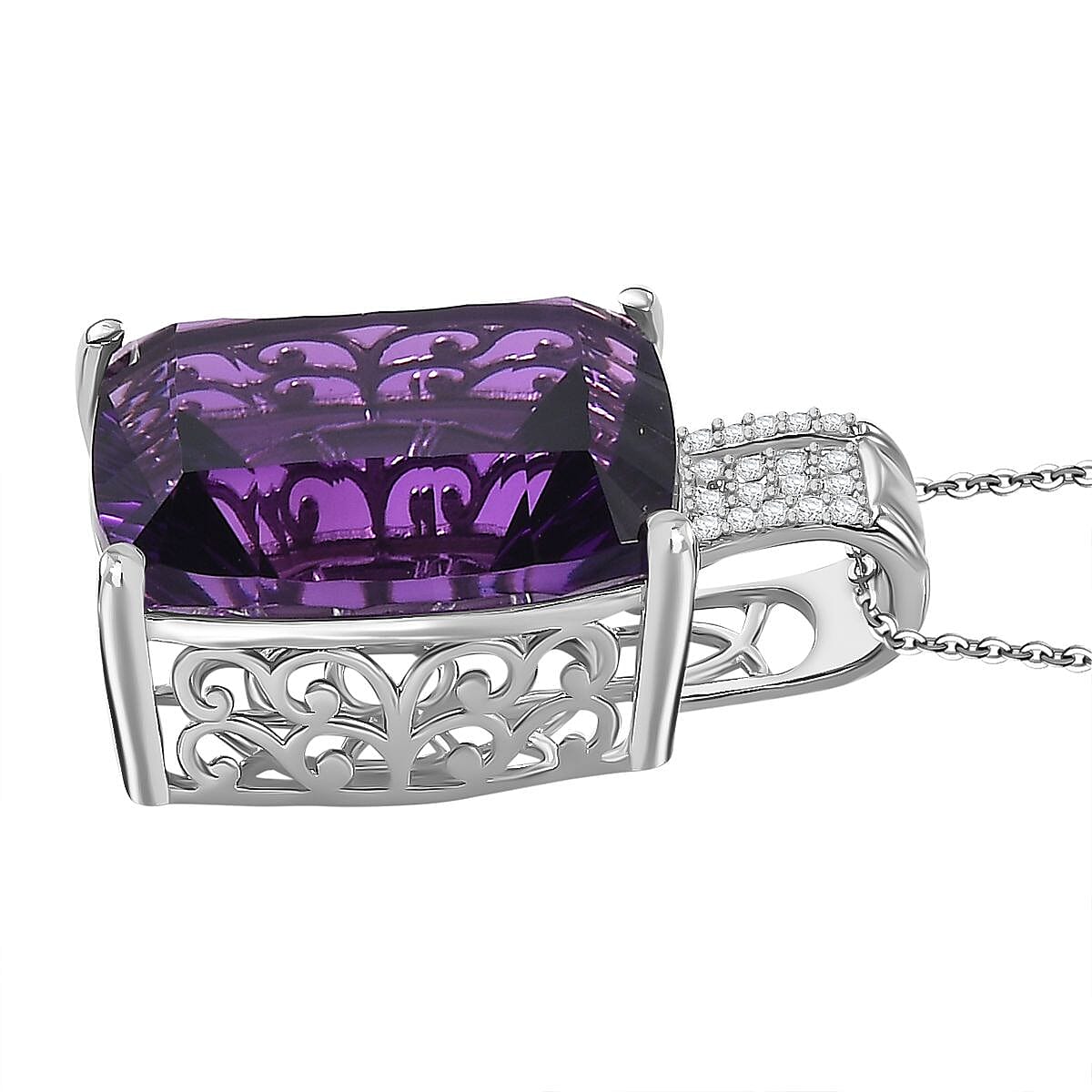 AAA Concave Cut Zambian Amethyst & White Zircon Pendant with Chain (Size - 20) in Sterling Silver 25.49 Ct.
