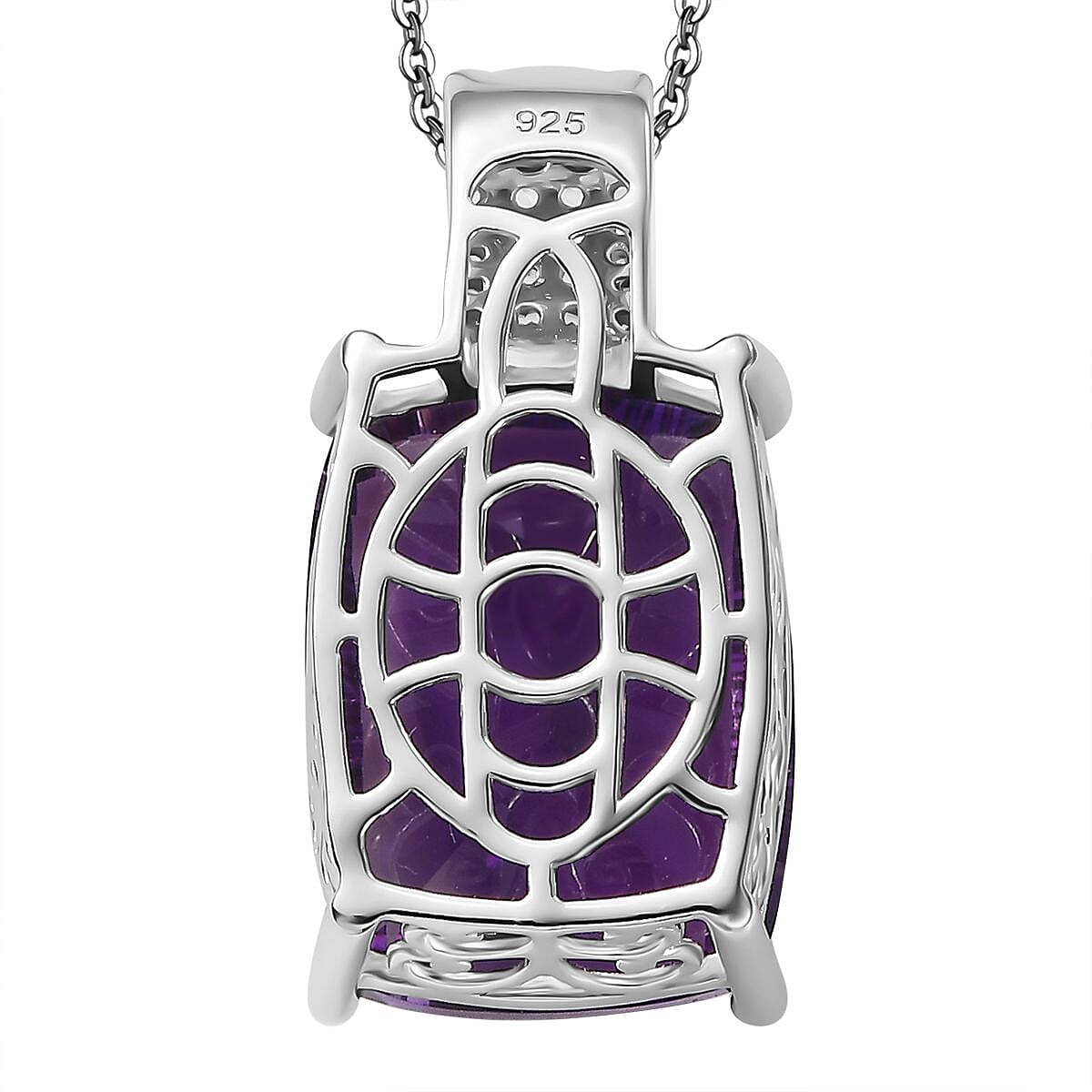 AAA Concave Cut Zambian Amethyst & White Zircon Pendant with Chain (Size - 20) in Sterling Silver 25.49 Ct.