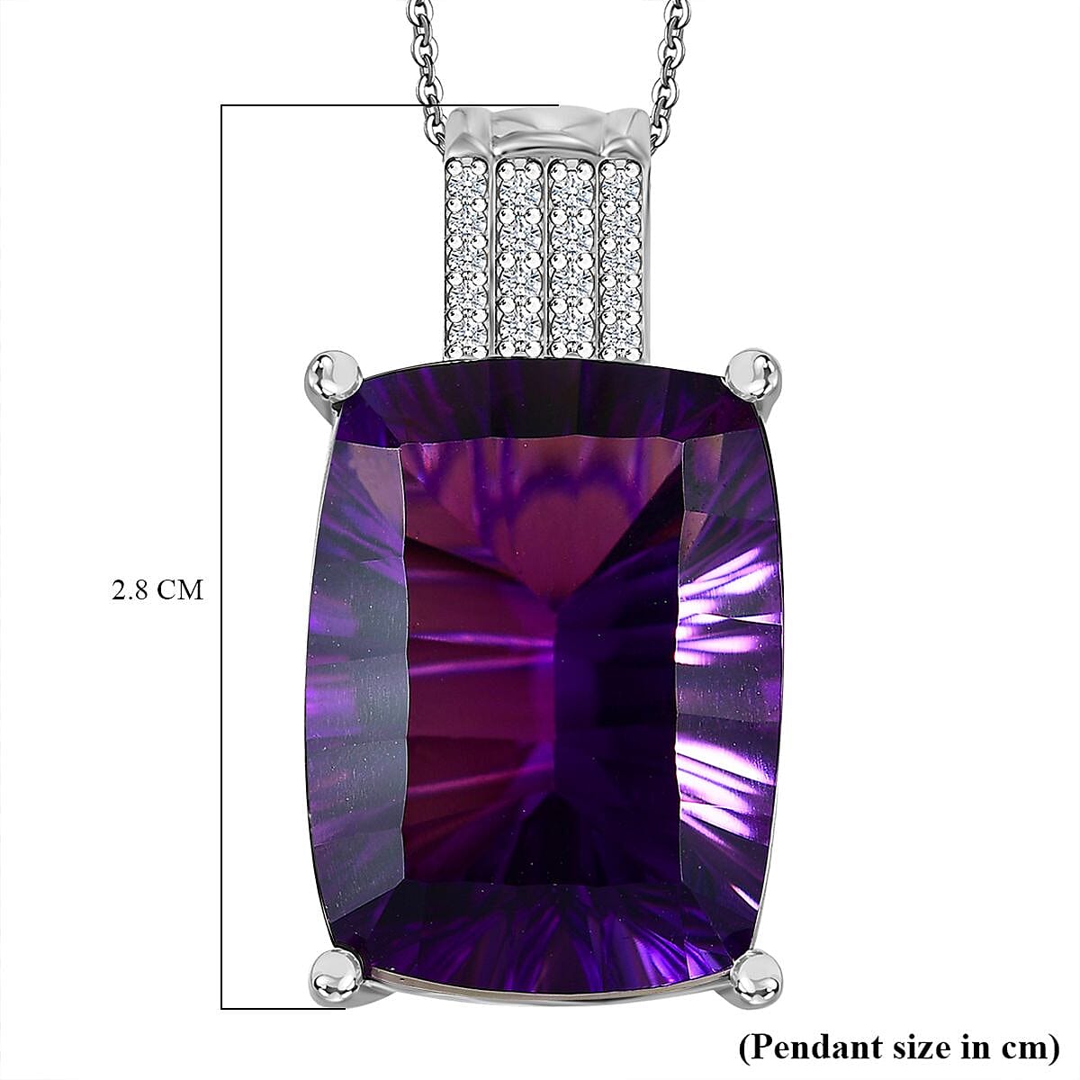 AAA Concave Cut Zambian Amethyst & White Zircon Pendant with Chain (Size - 20) in Sterling Silver 25.49 Ct.