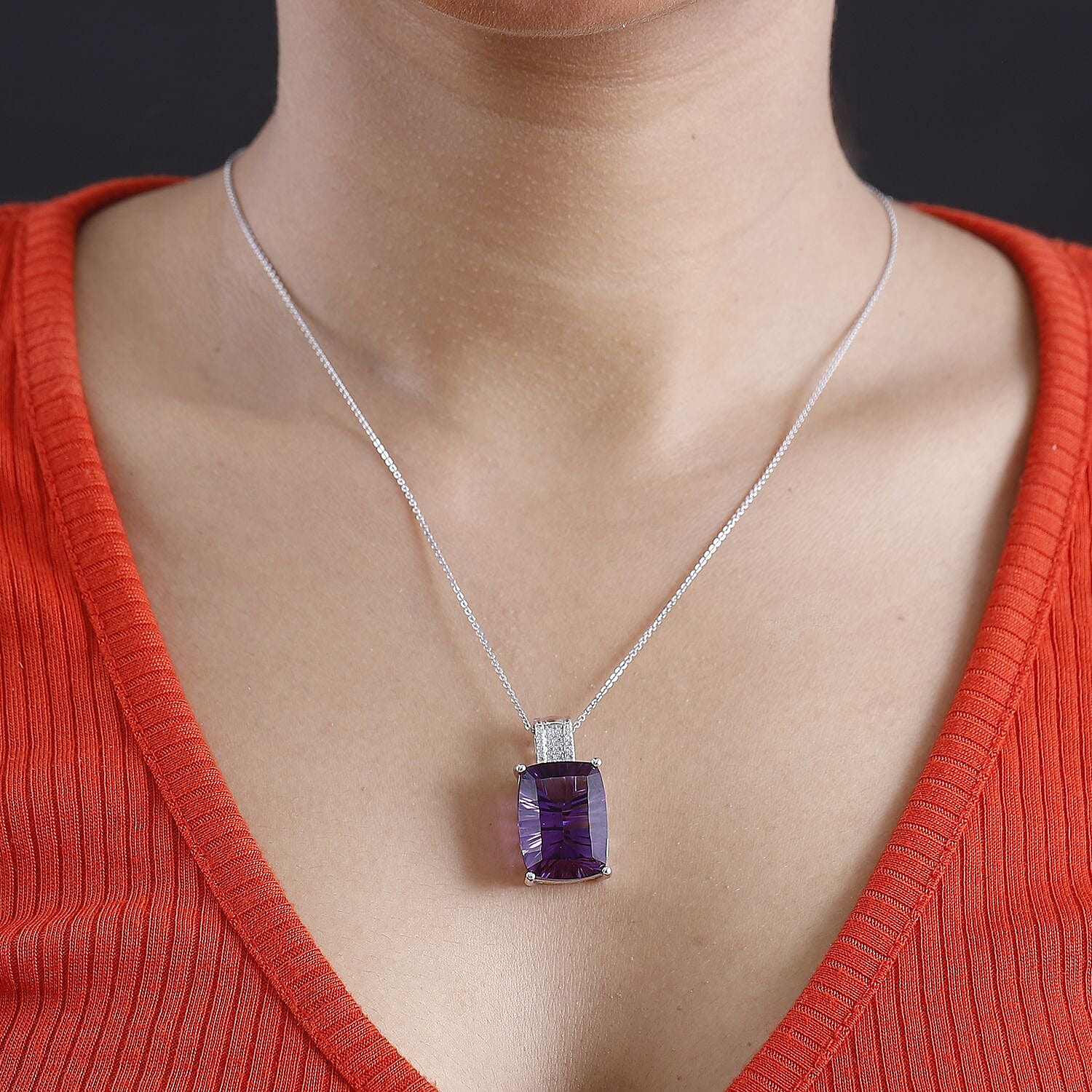 AAA Concave Cut Zambian Amethyst & White Zircon Pendant with Chain (Size - 20) in Sterling Silver 25.49 Ct.