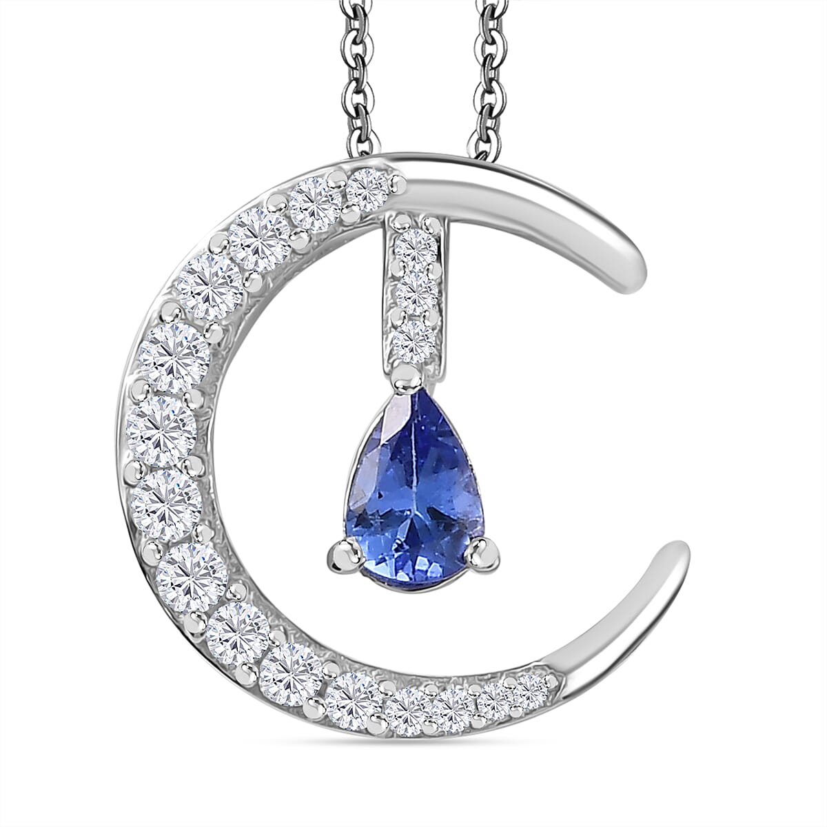 Tanzanite & White Zircon Pendant with Chain (Size 20) in Rhodium Overlay Sterling Silver 0.90 Ct.