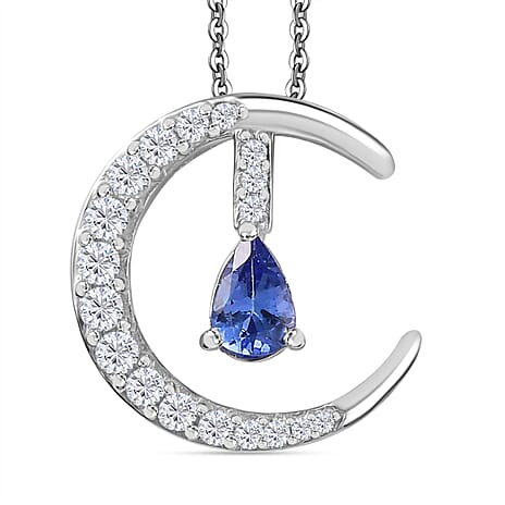 Tanzanite & White Zircon Pendant with Chain (Size 20) in Rhodium Overlay Sterling