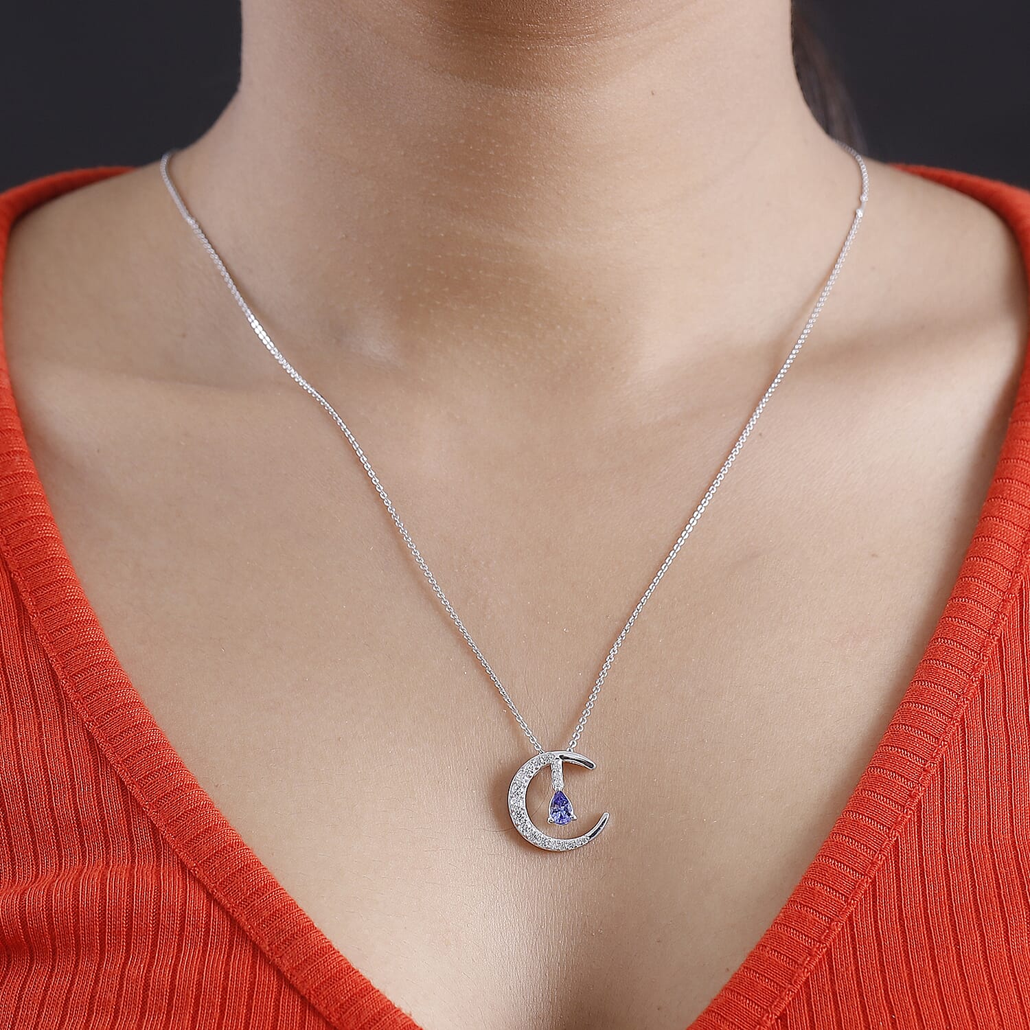 Tanzanite & White Zircon Pendant with Chain (Size 20) in Rhodium Overlay Sterling Silver 0.90 Ct.