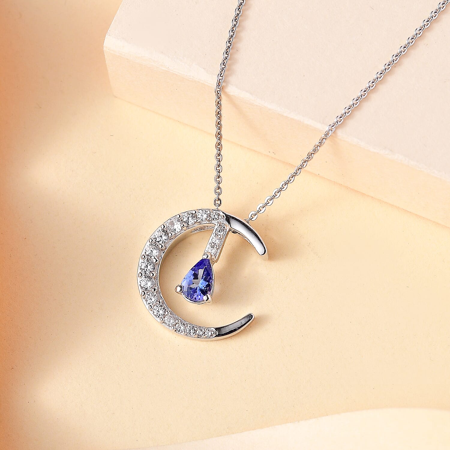 Tanzanite & White Zircon Pendant with Chain (Size 20) in Rhodium Overlay Sterling Silver 0.90 Ct.