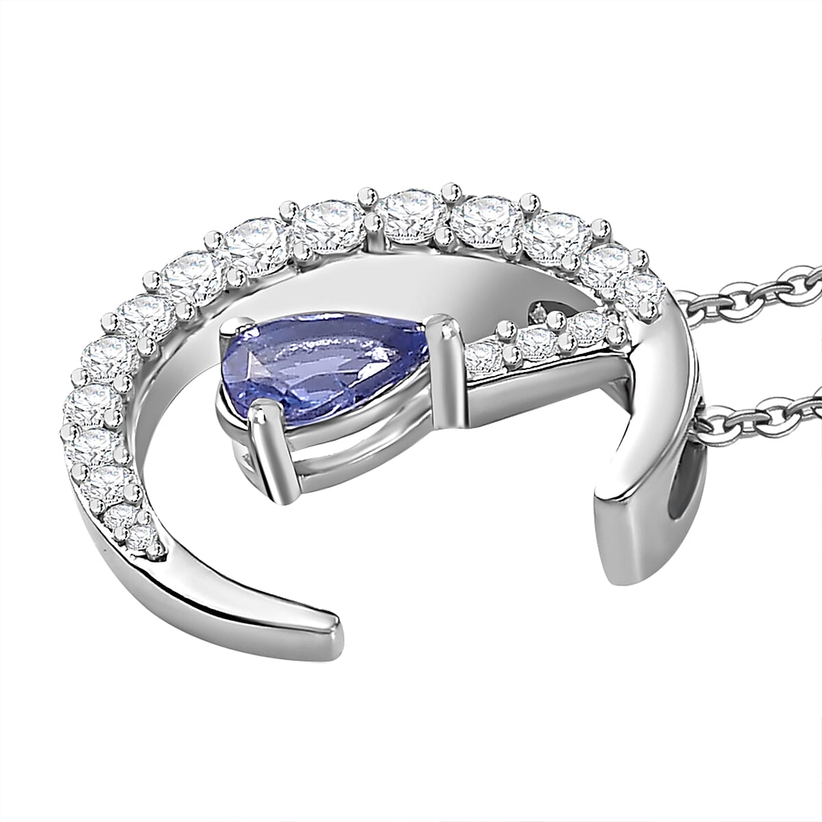 Tanzanite & White Zircon Pendant with Chain (Size 20) in Rhodium Overlay Sterling Silver 0.90 Ct.
