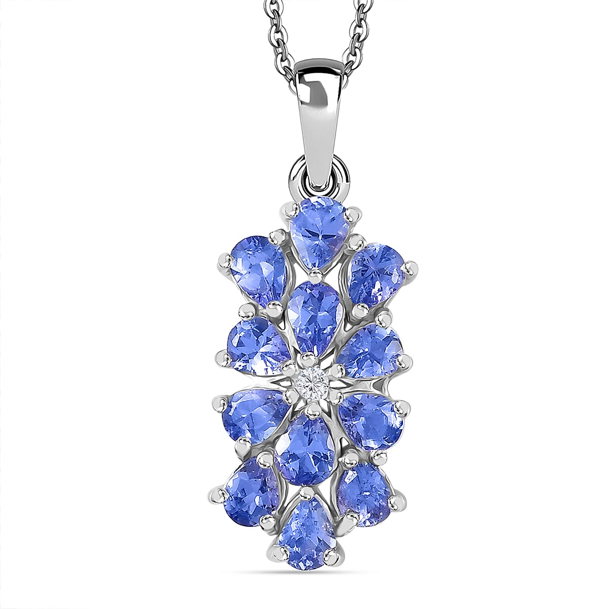 Tanzanite & White Zircon Pendant with Chain (Size 20) in Rhodium Overlay Sterling Silver 1.91 Ct.