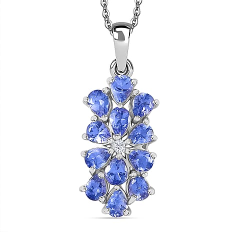 Tanzanite & White Zircon Pendant with Chain (Size 20) in Rhodium Overlay Sterling 1.91 Ct.