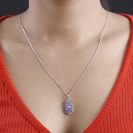 Tanzanite & White Zircon Pendant with Chain (Size 20) in Rhodium Overlay Sterling 1.91 Ct.