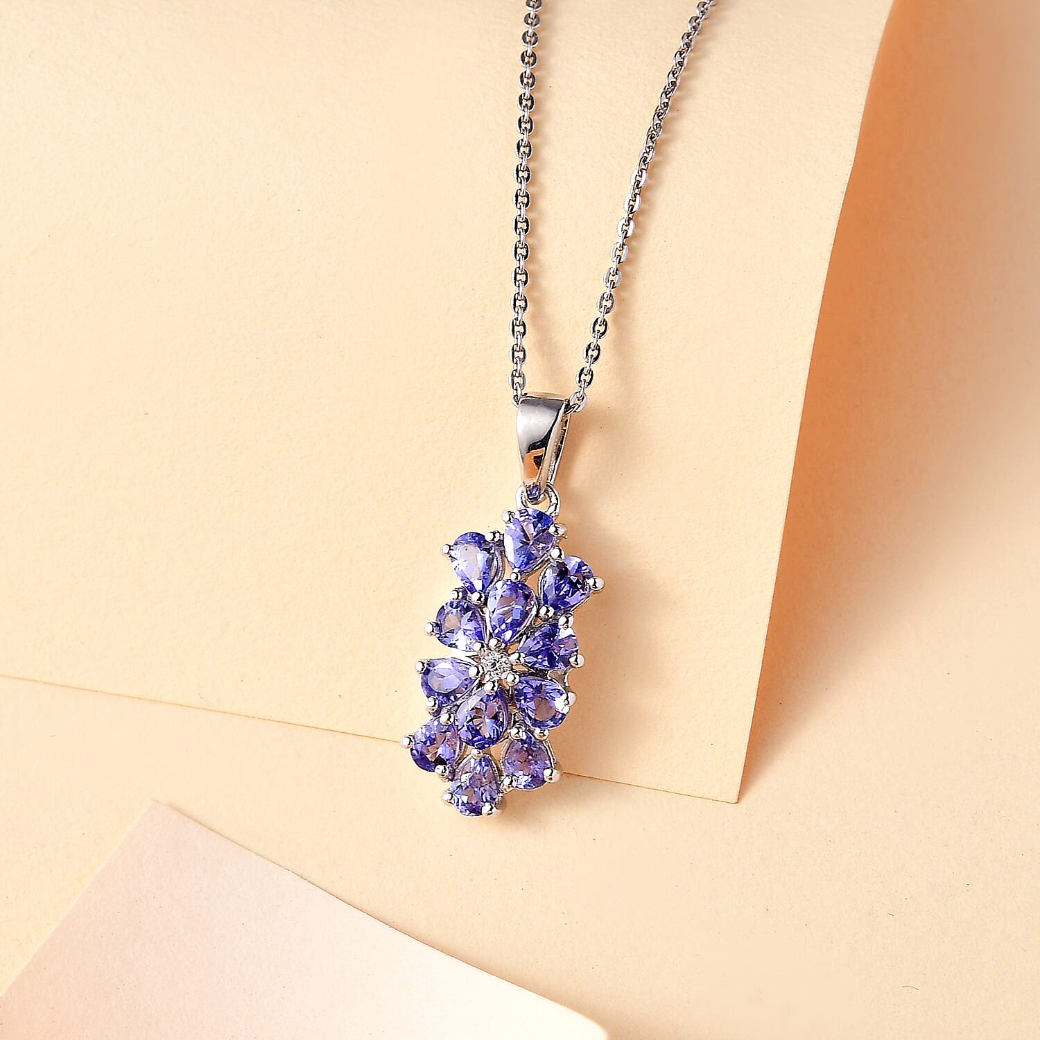 Tanzanite & White Zircon Pendant with Chain (Size 20) in Rhodium Overlay Sterling Silver 1.91 Ct.