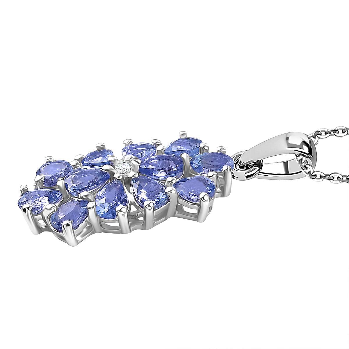 Tanzanite & White Zircon Pendant with Chain (Size 20) in Rhodium Overlay Sterling Silver 1.91 Ct.