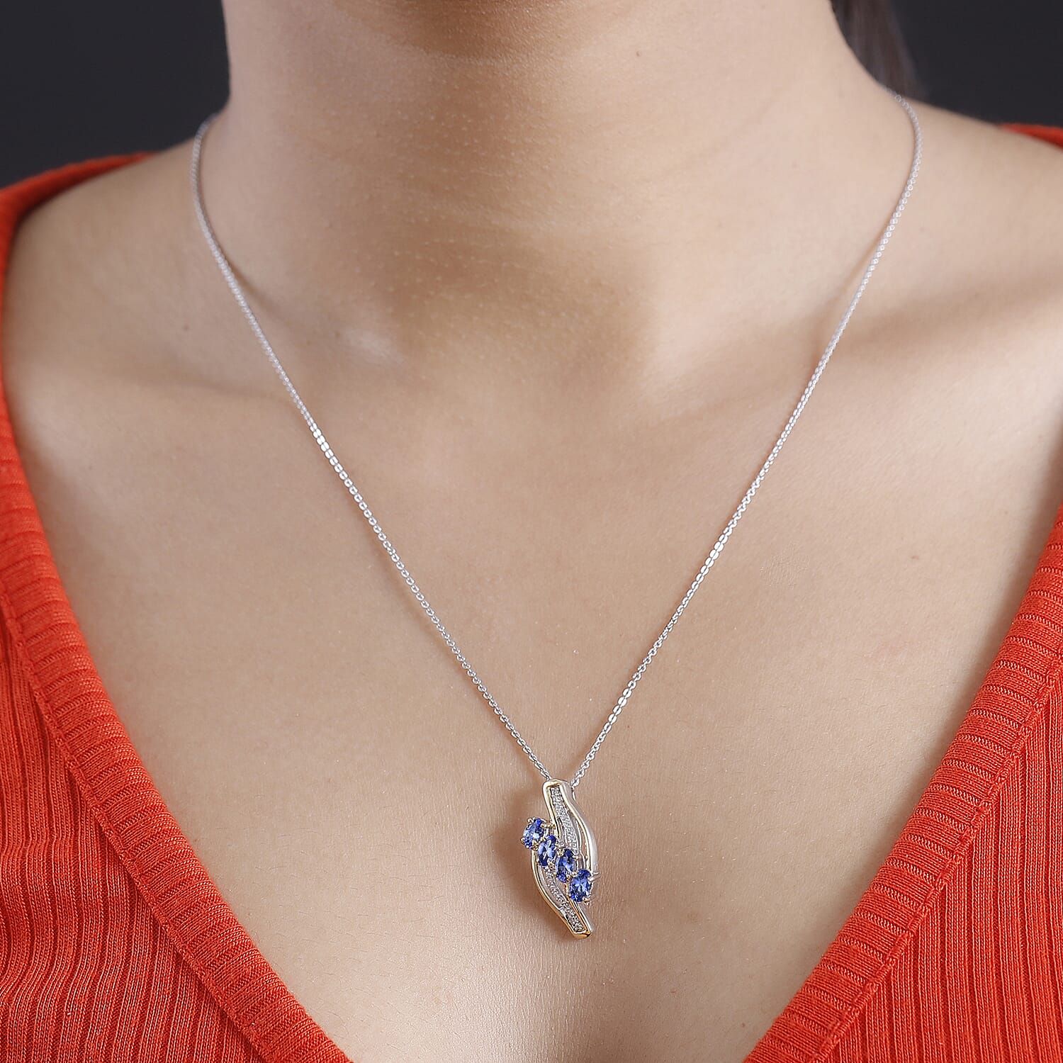Tanzanite & White Zircon Pendant with Chain (Size 20) in Dual Tone Sterling Silver