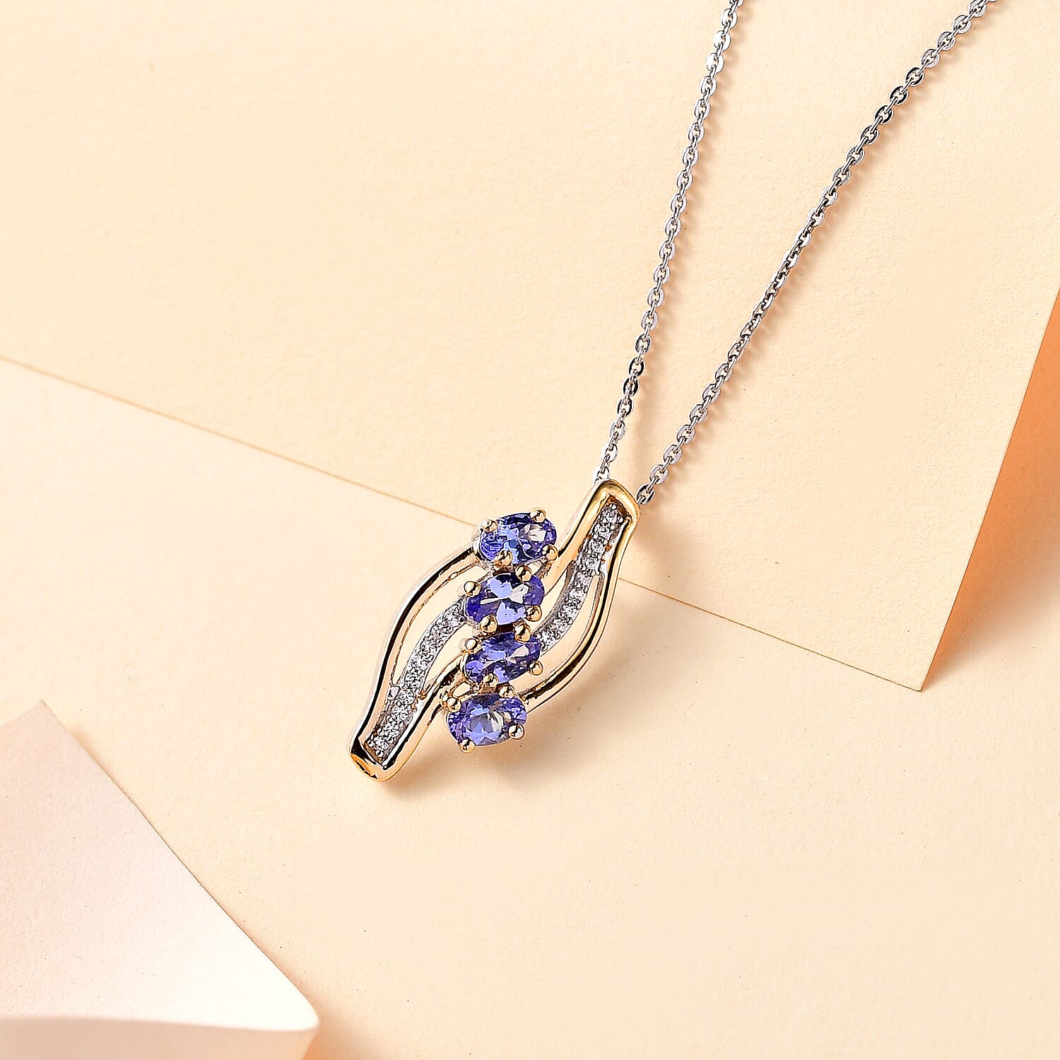 Tanzanite & White Zircon Pendant with Chain (Size 20) in Dual Tone Sterling Silver