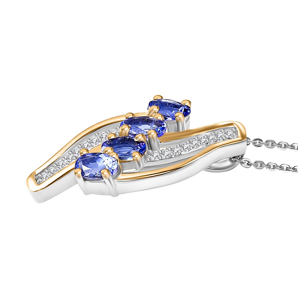 Tanzanite & White Zircon Pendant with Chain (Size 20) in Dual Tone Sterling Silver