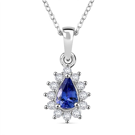 Premium Tanzanite & White Zircon Pendant with Chain (Size 20) in Rhodium Overlay Sterling Silver