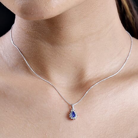 Premium Tanzanite & White Zircon Pendant with Chain (Size 20) in Rhodium Overlay Sterling Silver