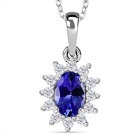 Tanzanite, White Zircon Halo Pendant with Chain (Size 20) in Rhodium Overlay Sterling Silver Tanzanite, White Zircon Halo Pendant with Chain (Size 20) in Rhodium Overlay Sterling Silver