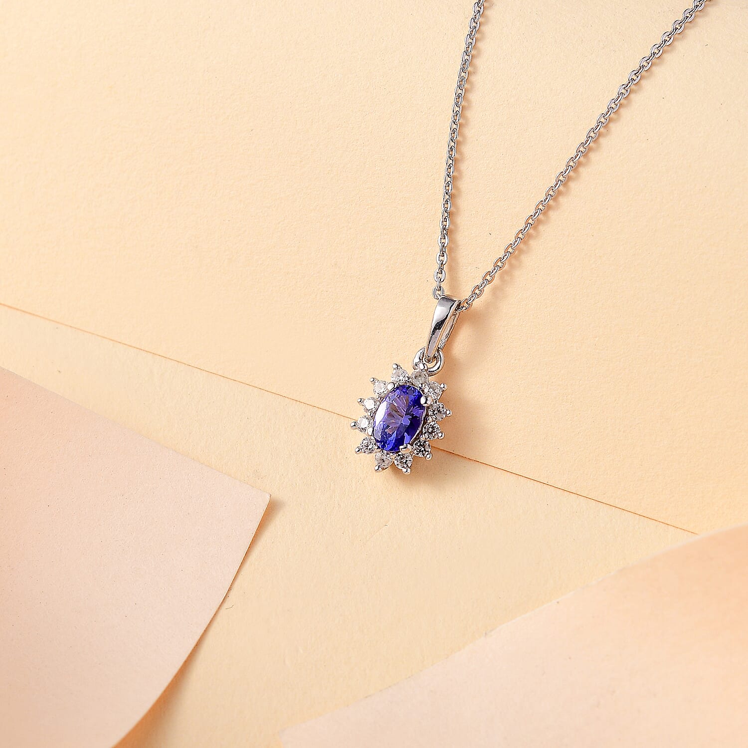 Premium Tanzanite & White Zircon Pendant with Chain (Size 20) in Rhodium Overlay Sterling Silver