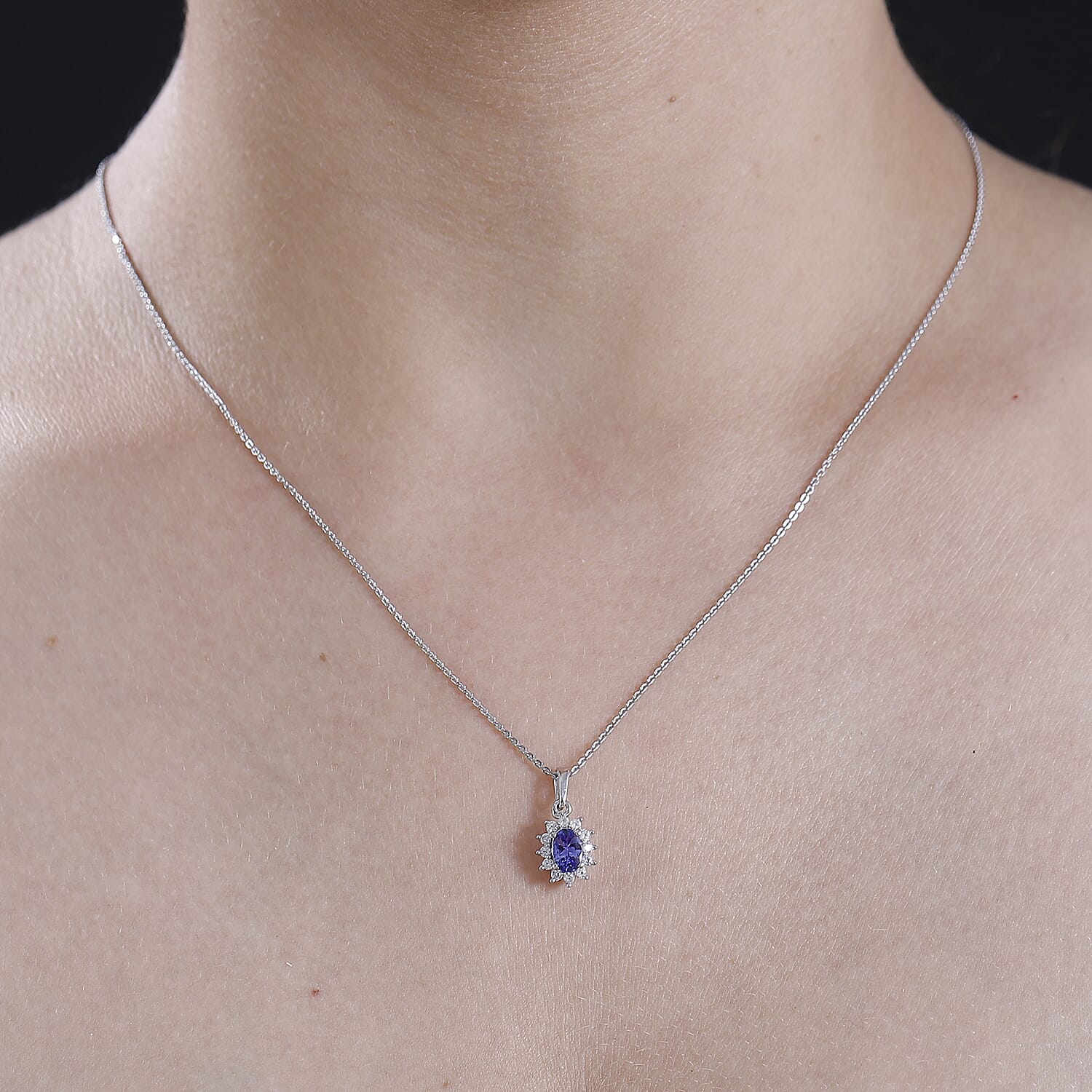 Premium Tanzanite & White Zircon Pendant with Chain (Size 20) in Rhodium Overlay Sterling Silver