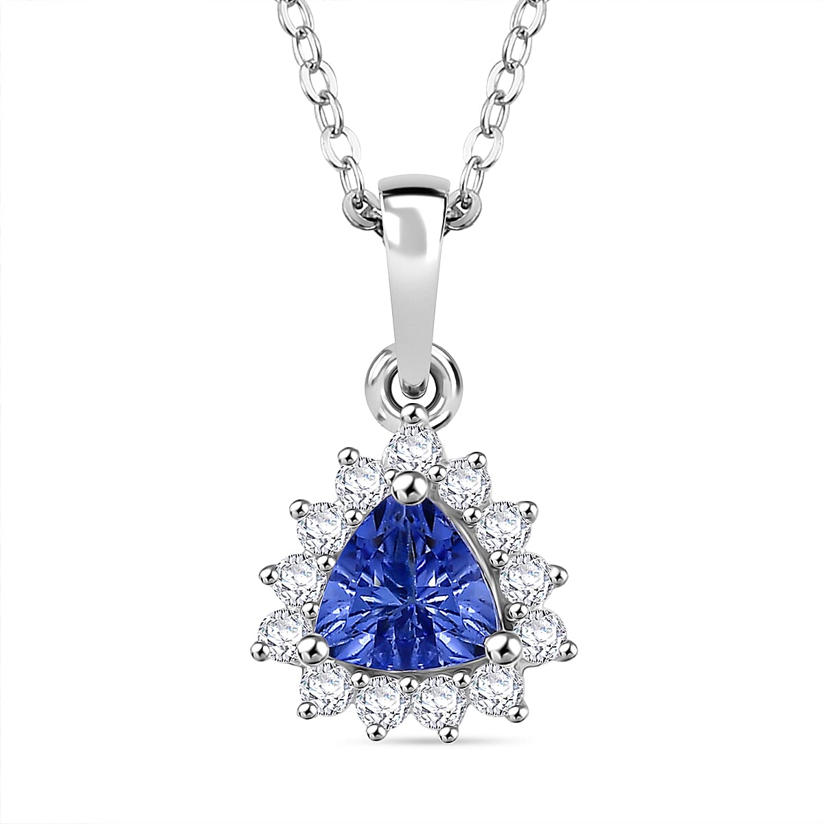 Premium Tanzanite & White Zircon Pendant with Chain (Size 20) in Rhodium Overlay Sterling Silver 1.00 Ct.