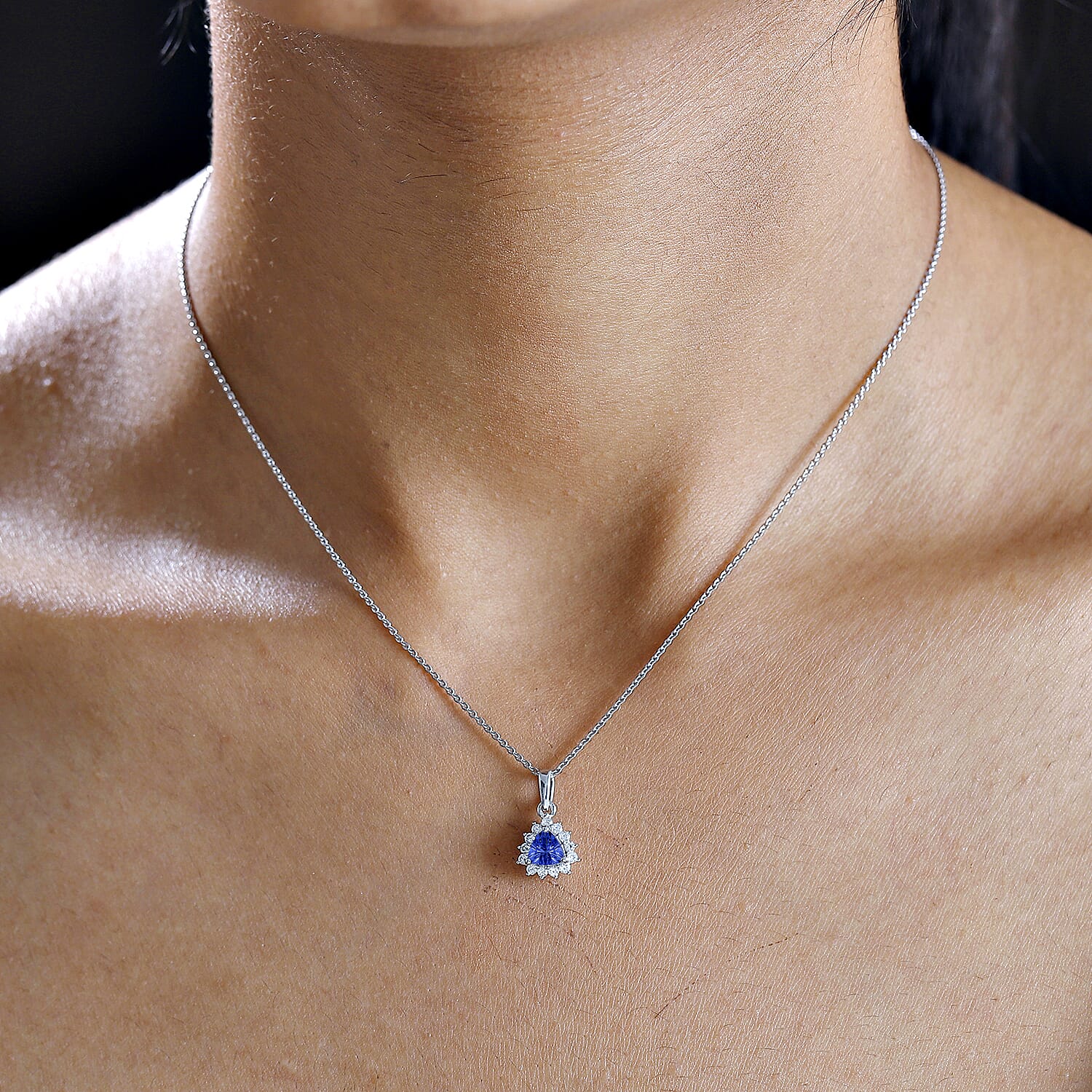 Premium Tanzanite & White Zircon Pendant with Chain (Size 20) in Rhodium Overlay Sterling Silver 1.00 Ct.