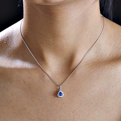 Premium Tanzanite & White Zircon Pendant with Chain (Size 20) in Rhodium Overlay Sterling Silver 1.000  Ct.