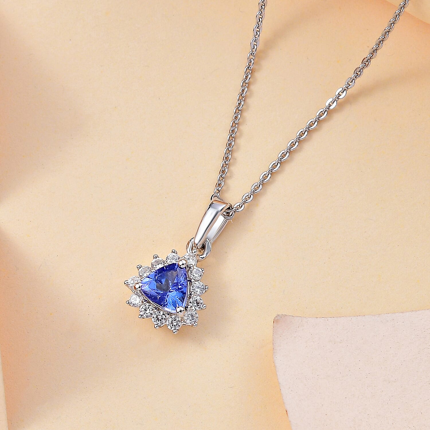 Premium Tanzanite & White Zircon Pendant with Chain (Size 20) in Rhodium Overlay Sterling Silver 1.00 Ct.