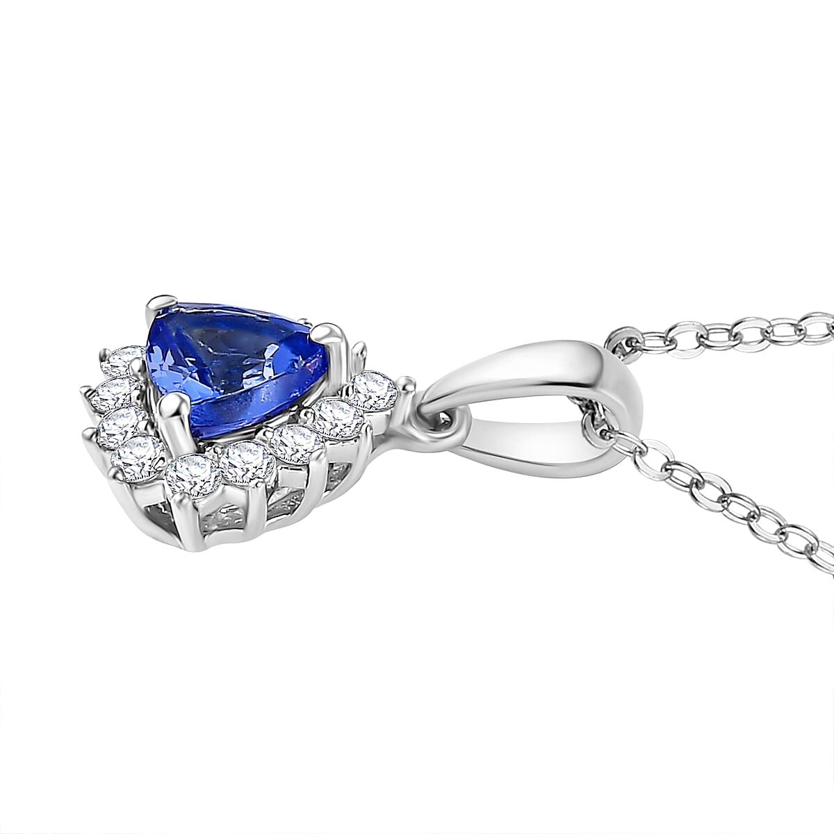 Premium Tanzanite & White Zircon Pendant with Chain (Size 20) in Rhodium Overlay Sterling Silver 1.00 Ct.