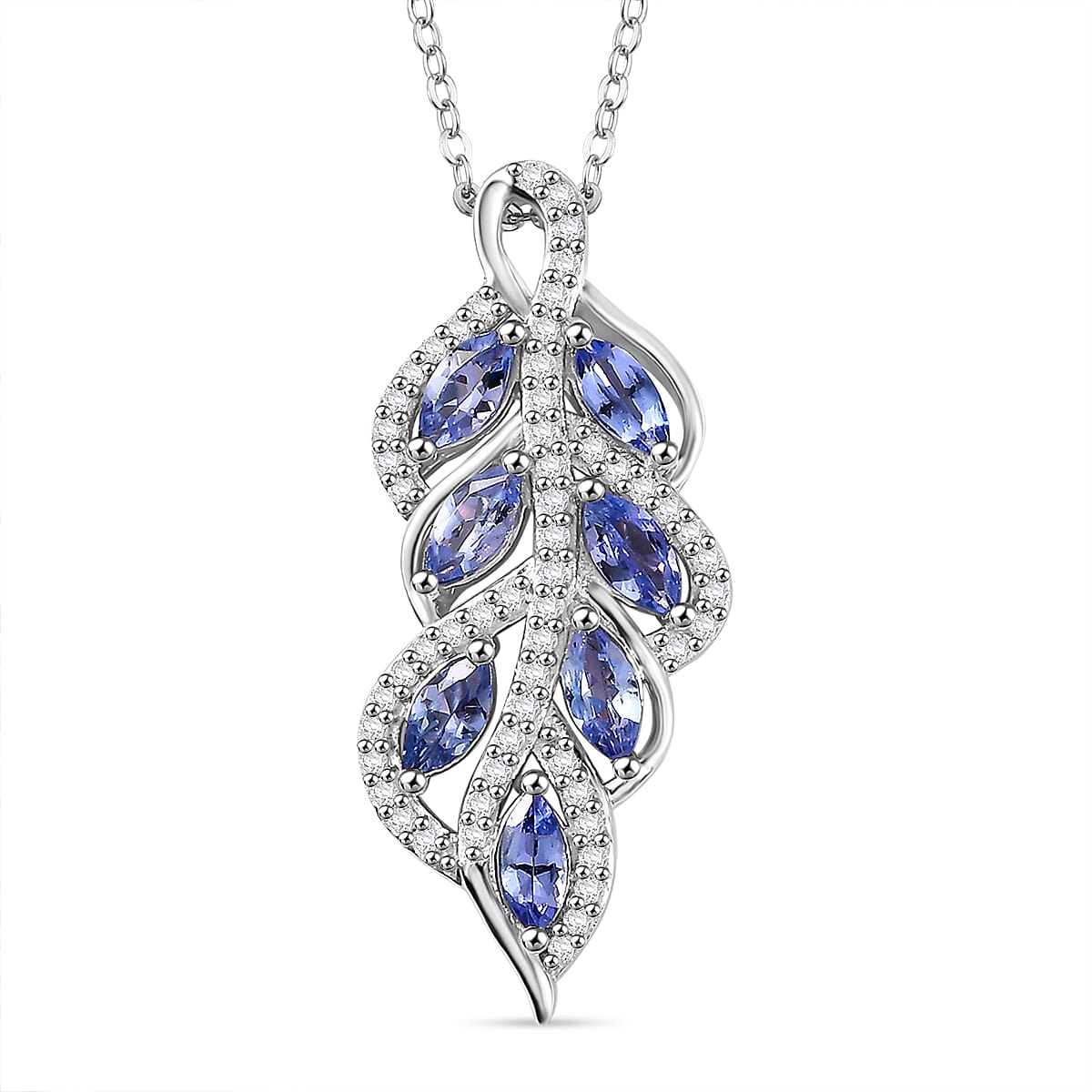 Tanzanite & White Zircon Pendant with Chain (Size 20) in Rhodium Overlay Sterling Silver 1.80 Ct.