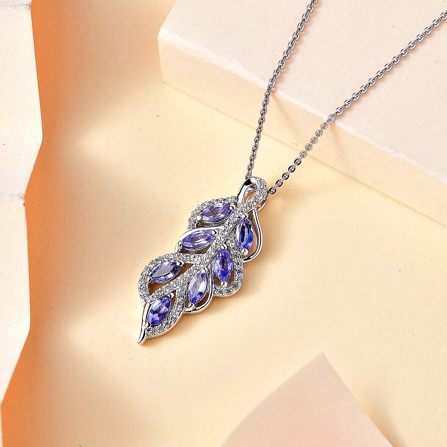 Tanzanite & White Zircon Pendant with Chain (Size 20) in Rhodium Overlay Sterling Silver 1.80 Ct.