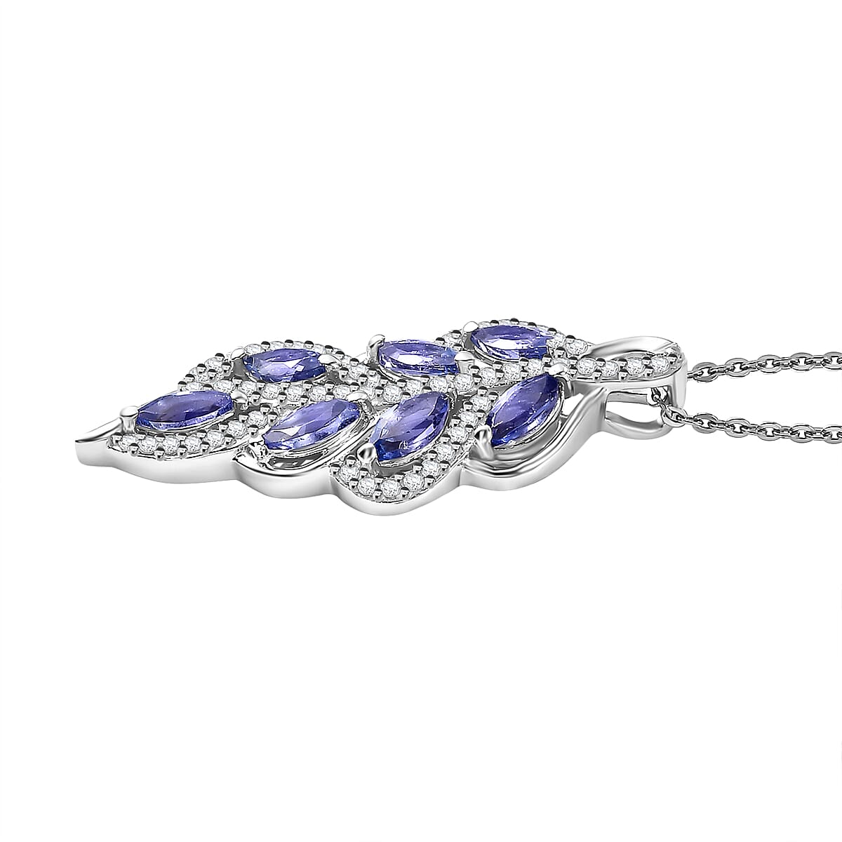 Tanzanite & White Zircon Pendant with Chain (Size 20) in Rhodium Overlay Sterling Silver 1.80 Ct.