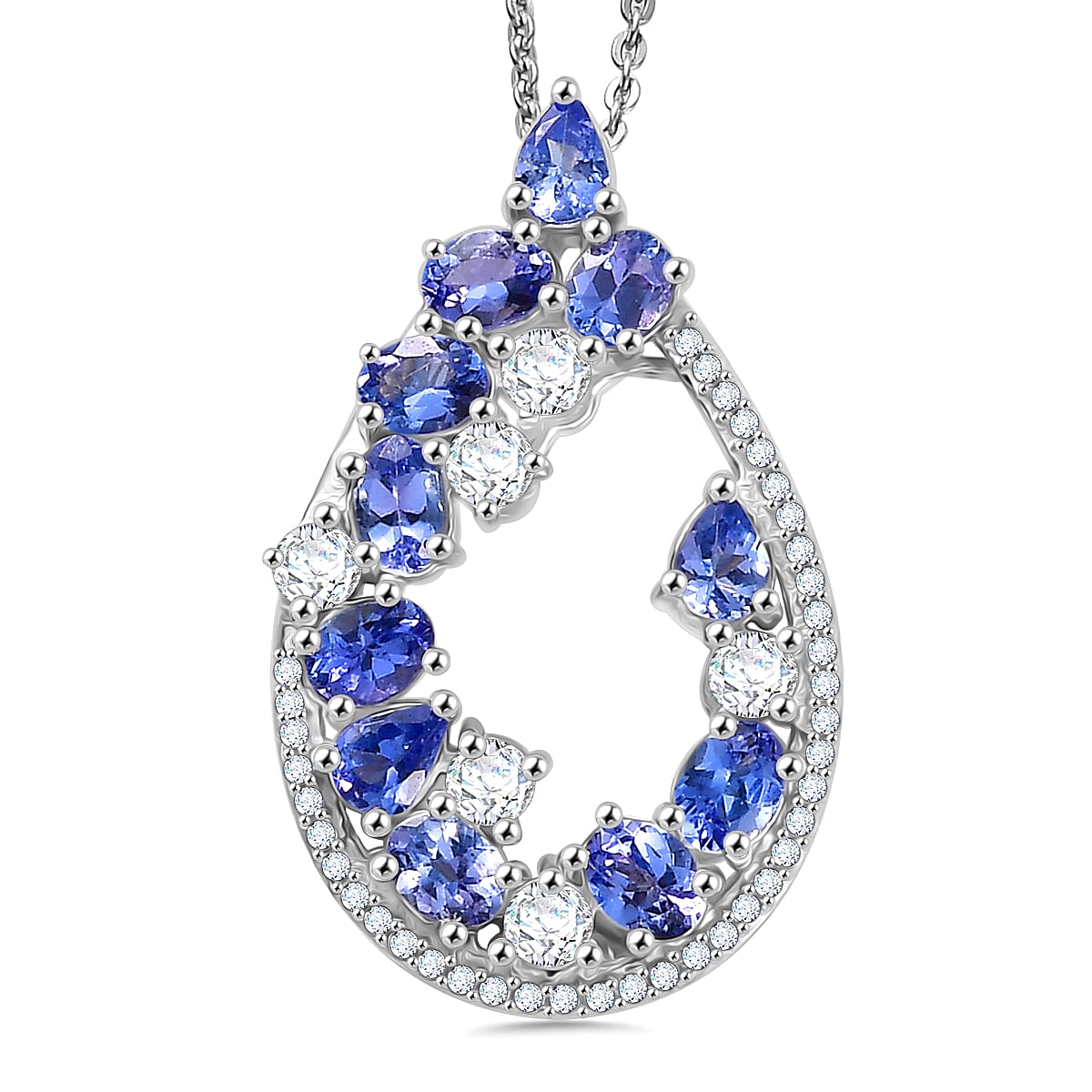 Tanzanite & White Zircon Pendant with Chain (Size 20) in Rhodium Overlay Sterling Silver 2.70 Ct.