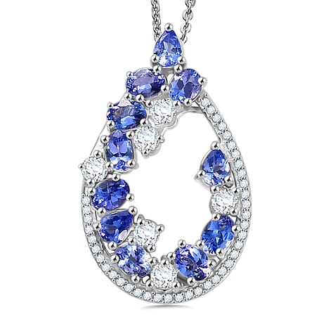Tanzanite & White Zircon Pendant with Chain (Size 20) in Rhodium Overlay Sterling Silver 2.70 Ct.
