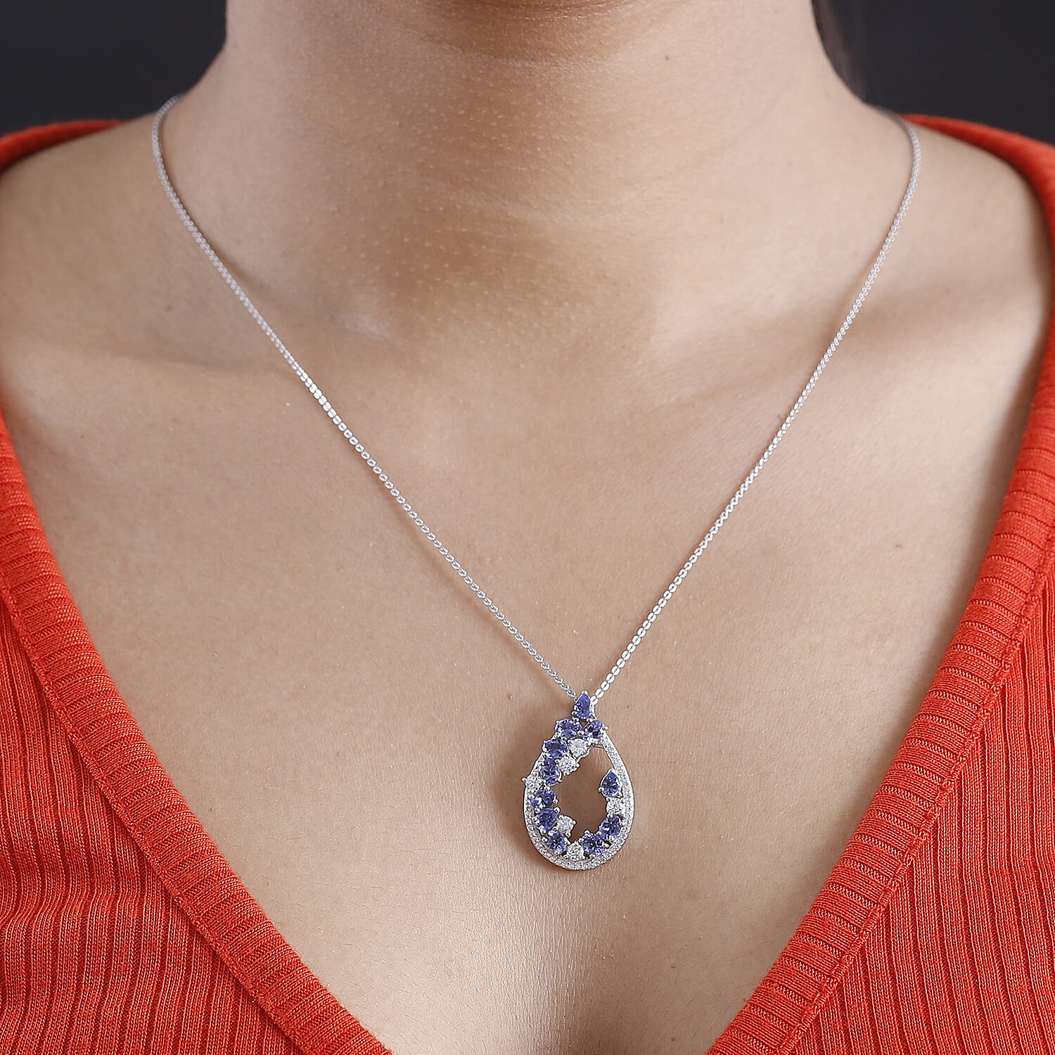 Tanzanite & White Zircon Pendant with Chain (Size 20) in Rhodium Overlay Sterling Silver 2.70 Ct.