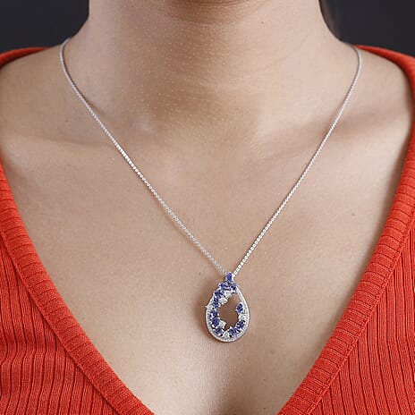 Tanzanite & White Zircon Pendant with Chain (Size 20) in Rhodium Overlay Sterling Silver 2.70 Ct.
