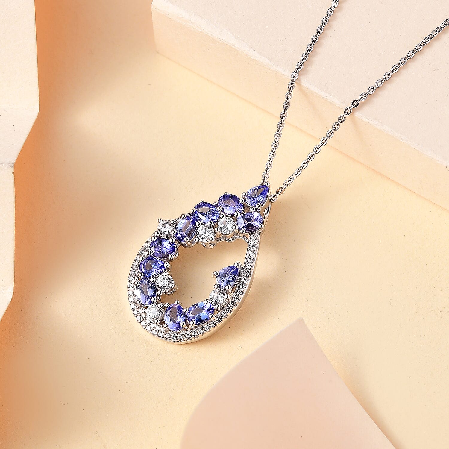 Tanzanite & White Zircon Pendant with Chain (Size 20) in Rhodium Overlay Sterling Silver 2.70 Ct.