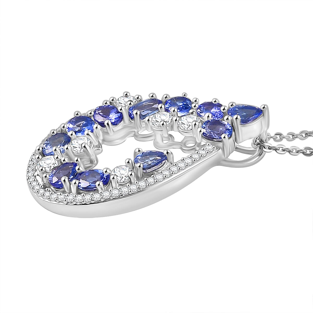 Tanzanite & White Zircon Pendant with Chain (Size 20) in Rhodium Overlay Sterling Silver 2.70 Ct.