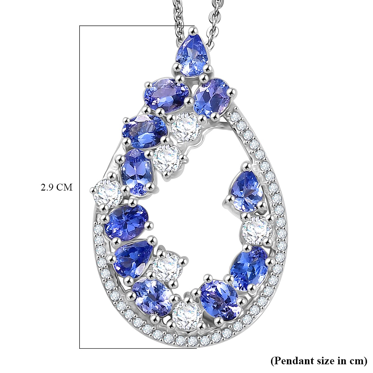 Tanzanite & White Zircon Pendant with Chain (Size 20) in Rhodium Overlay Sterling Silver 2.70 Ct.