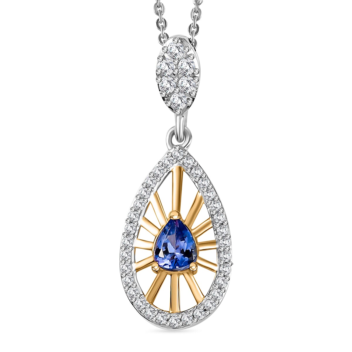 Tanzanite & White Zircon Pendant with Chain (Size 20) in Rhodium Overlay Sterling Silver
