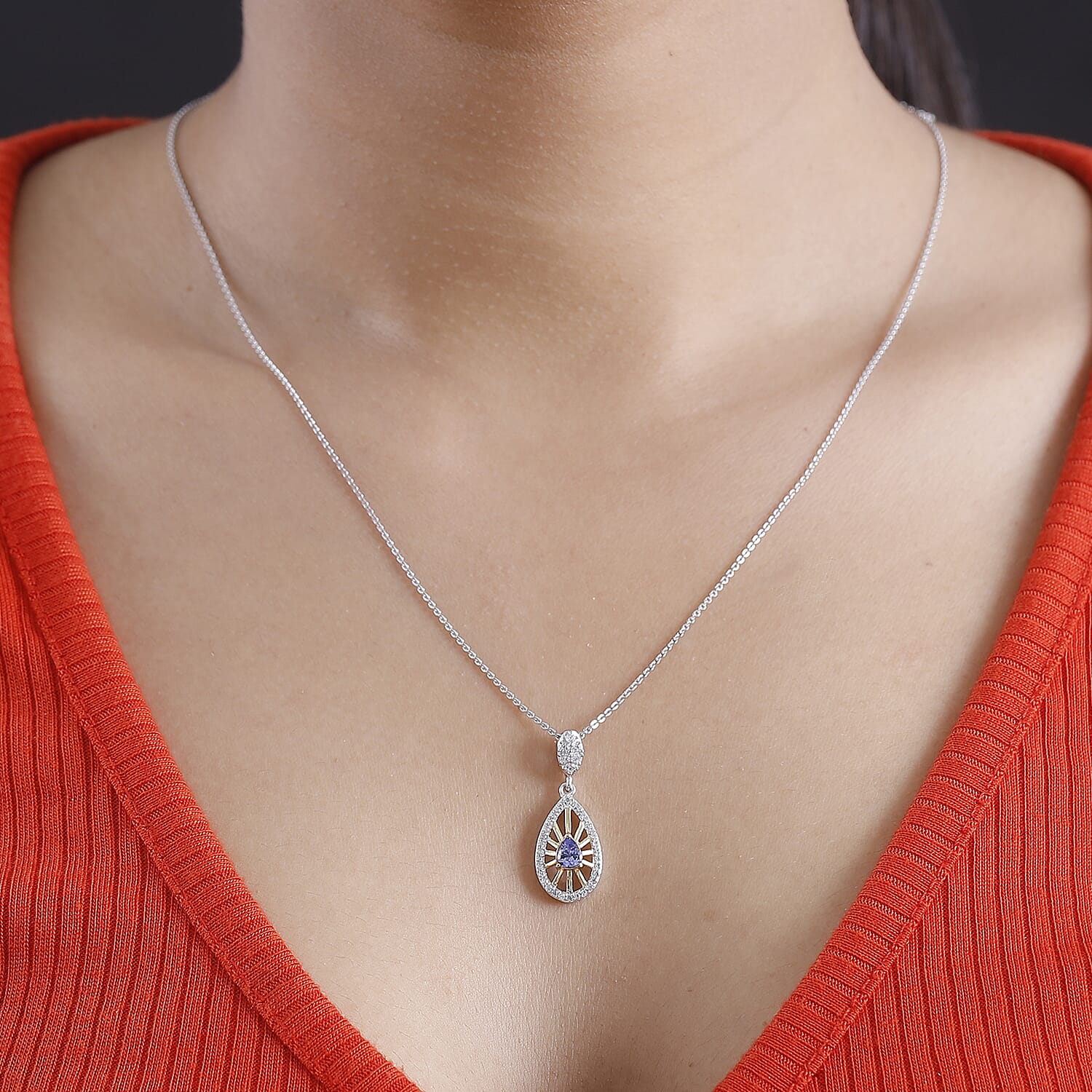 Tanzanite & White Zircon Pendant with Chain (Size 20) in Rhodium Overlay Sterling Silver