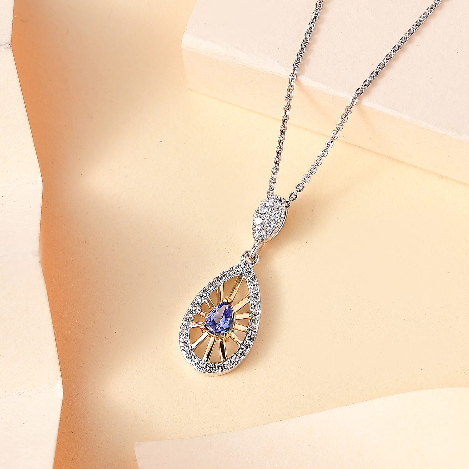 Tanzanite & White Zircon Pendant with Chain (Size 20) in Rhodium Overlay Sterling Silver